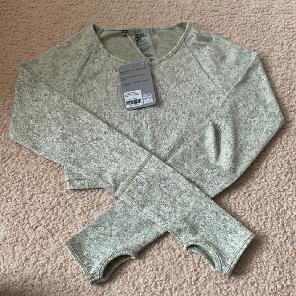 Gymshark Fleur Texture Long Sleeve Crop - Washed Khaki Marl - Extra Small